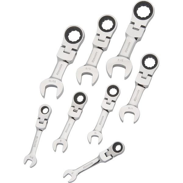 8Pcs SAE Stubby Flex Head, Combo Ratcheting Wrench Set, 5/16"-3/4"